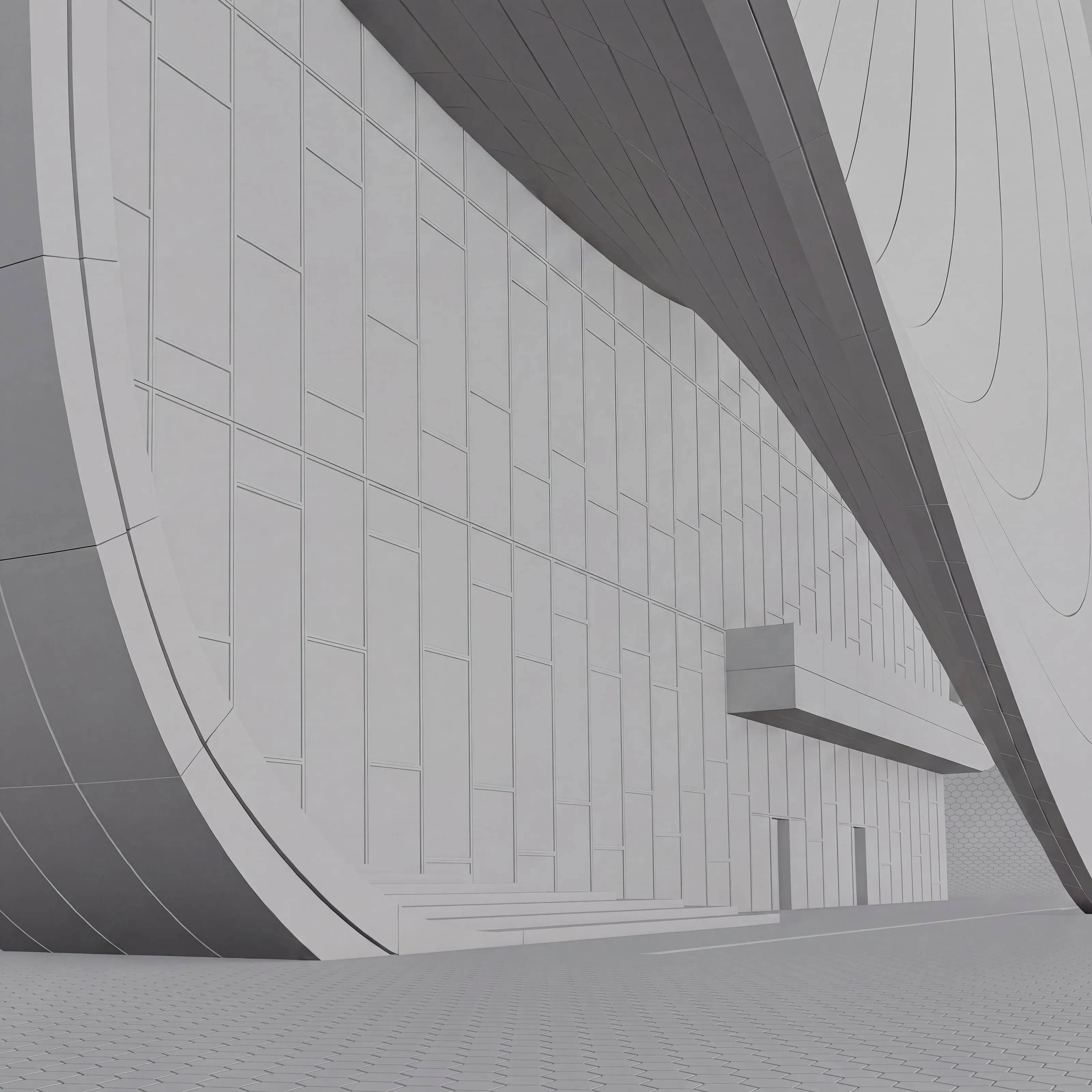 Untextured 3D model of the same building
