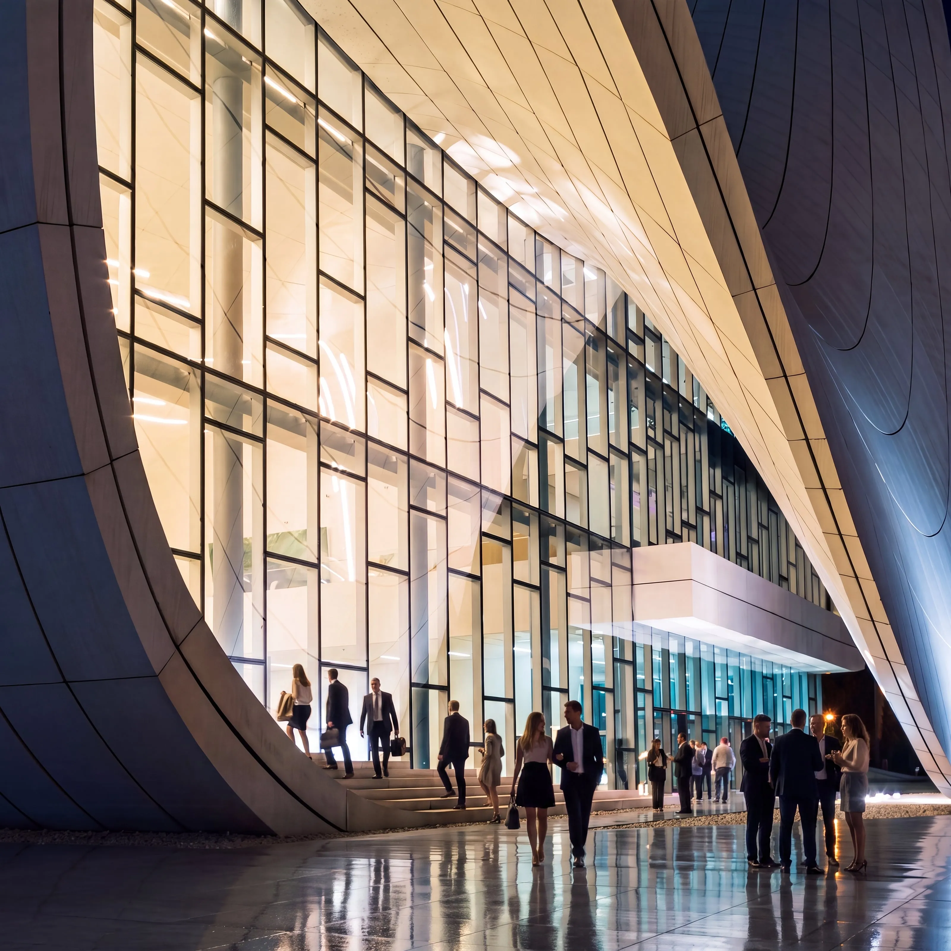 Photorealistic render of a curved-glass building lobby at golden hour