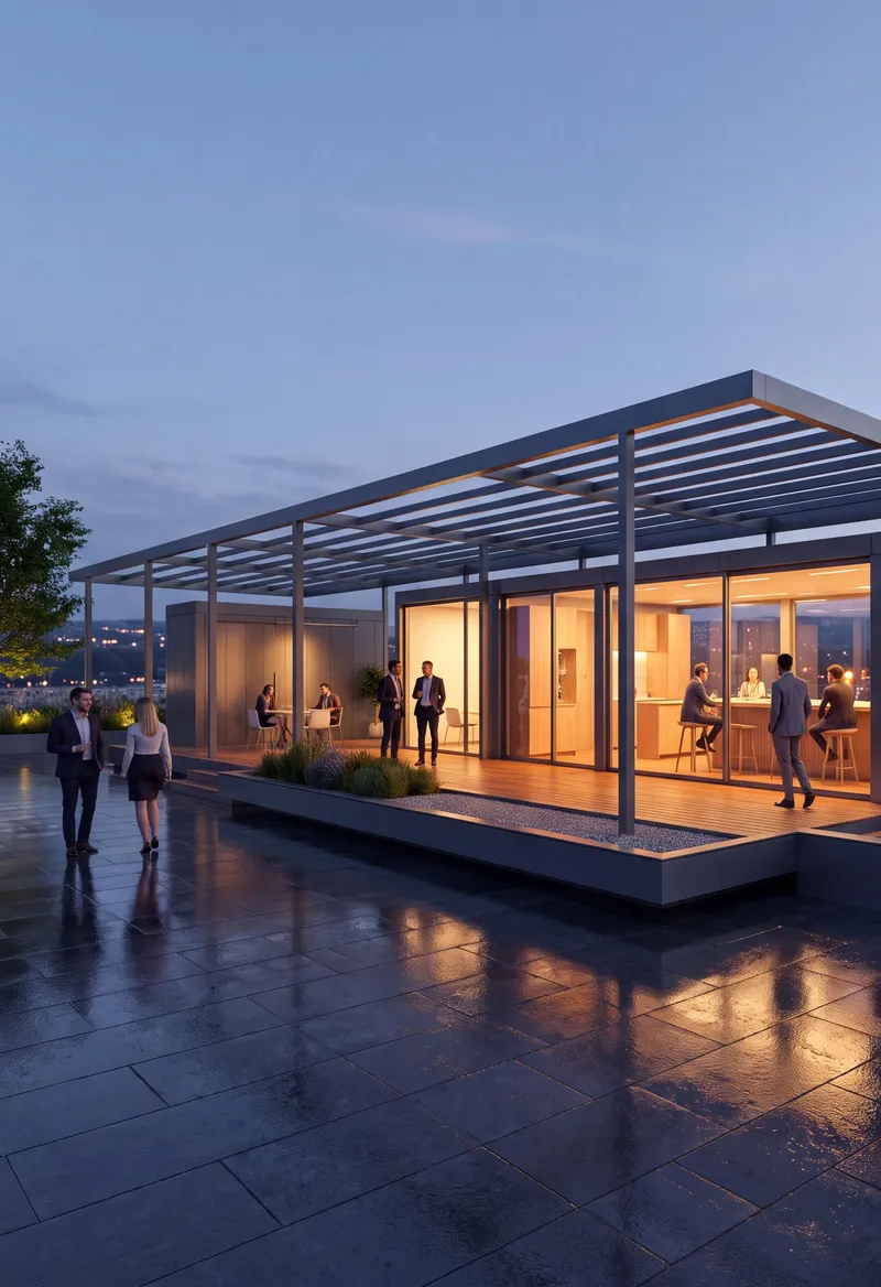 Render of a rooftop pergola pavilion at dusk with people mingling