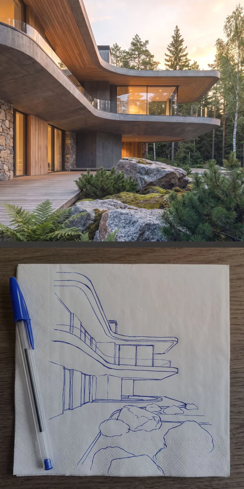 Curved villa render paired with its ballpoint napkin sketch
