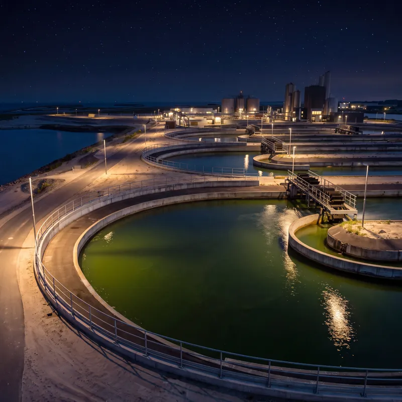 Render of a water treatment plant under a starry night sky