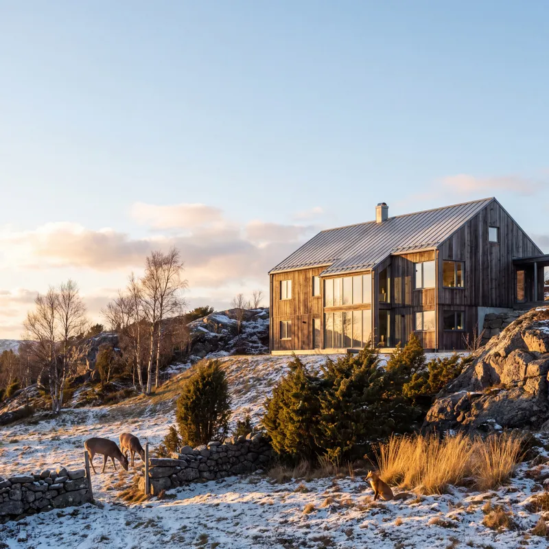 Render of a timber gable house on a snowy hillside with deer and a fox