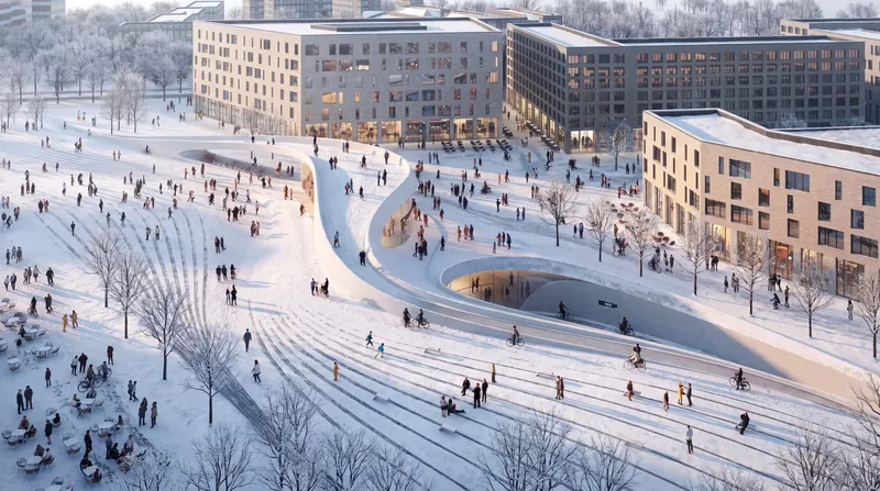 Aerial render of a snowy urban plaza with sculptural walkways
