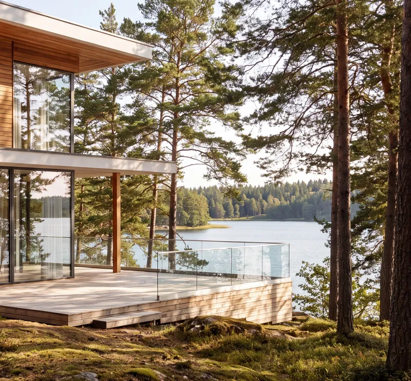 Render of a lakeside house deck among pine trees