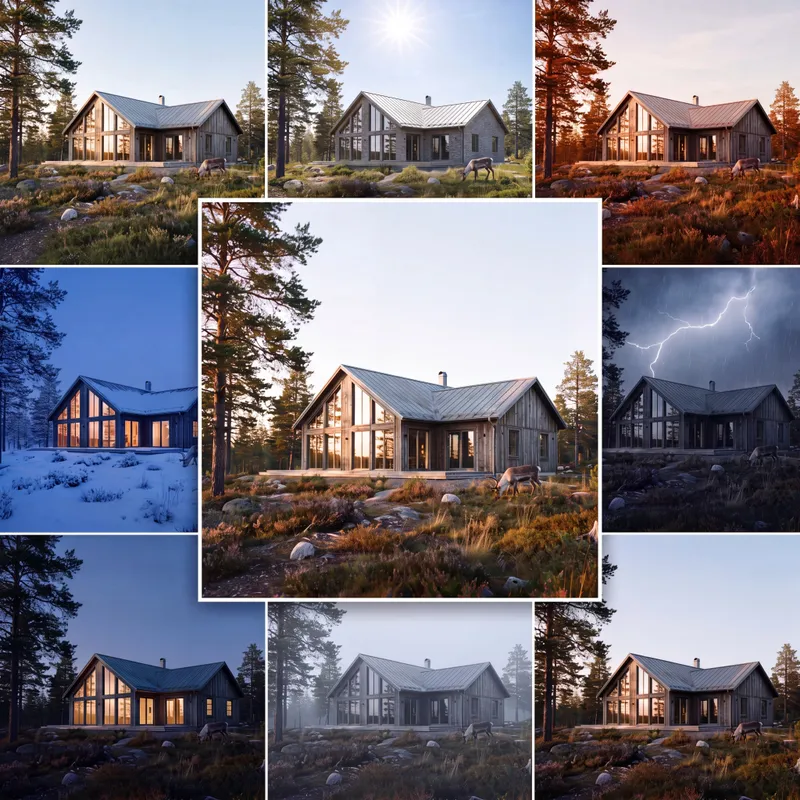 Collage of one cabin rendered in different weather and seasons