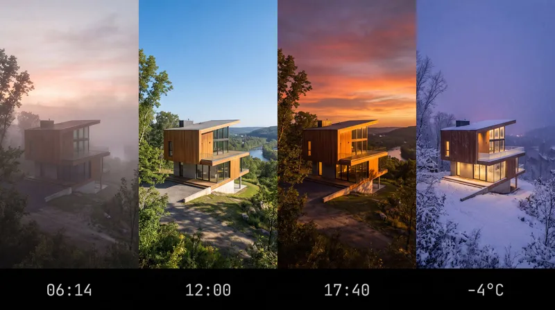 Four-panel render of a hillside house at different times of day