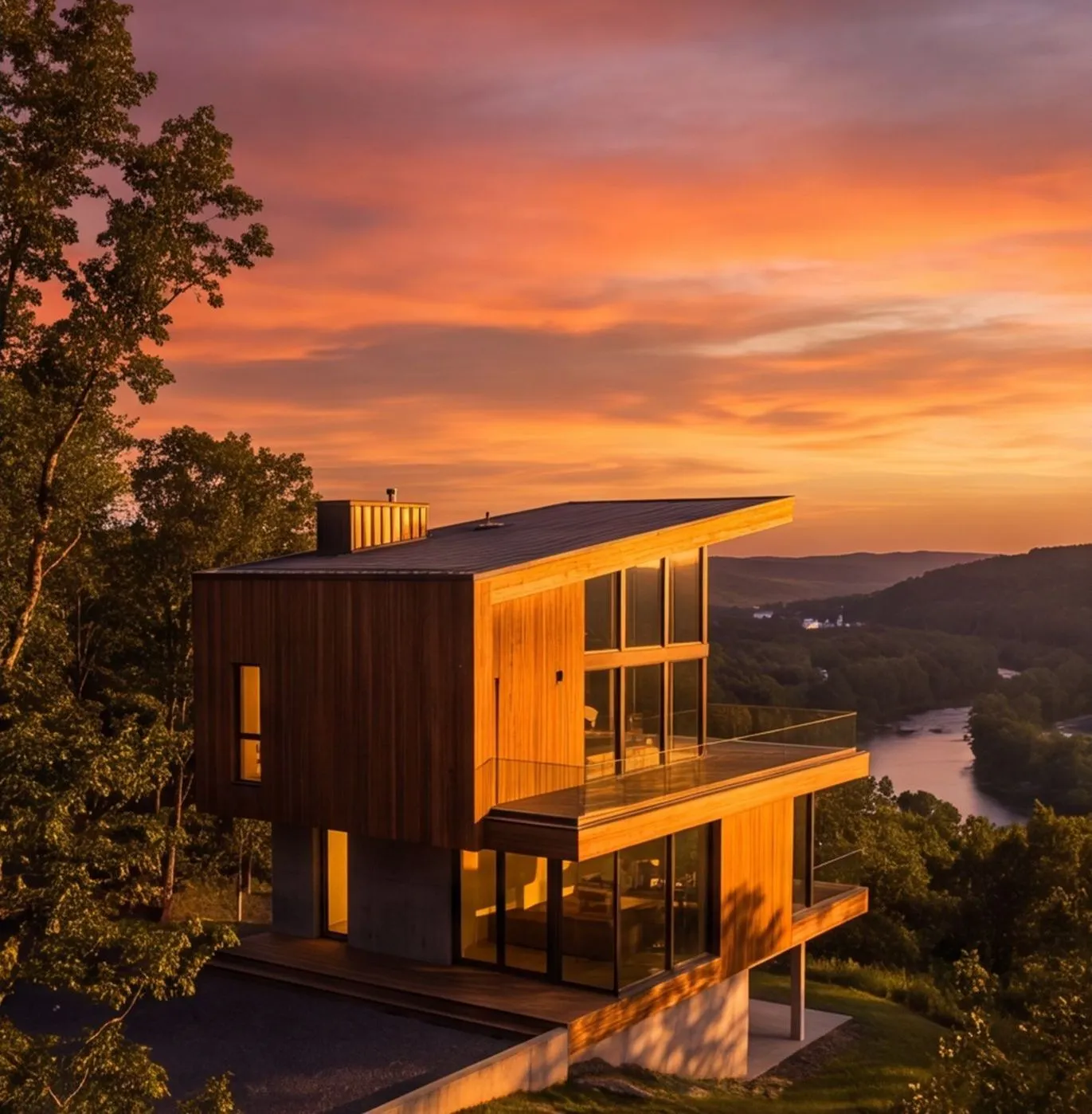 The same house against a golden-hour sunset sky