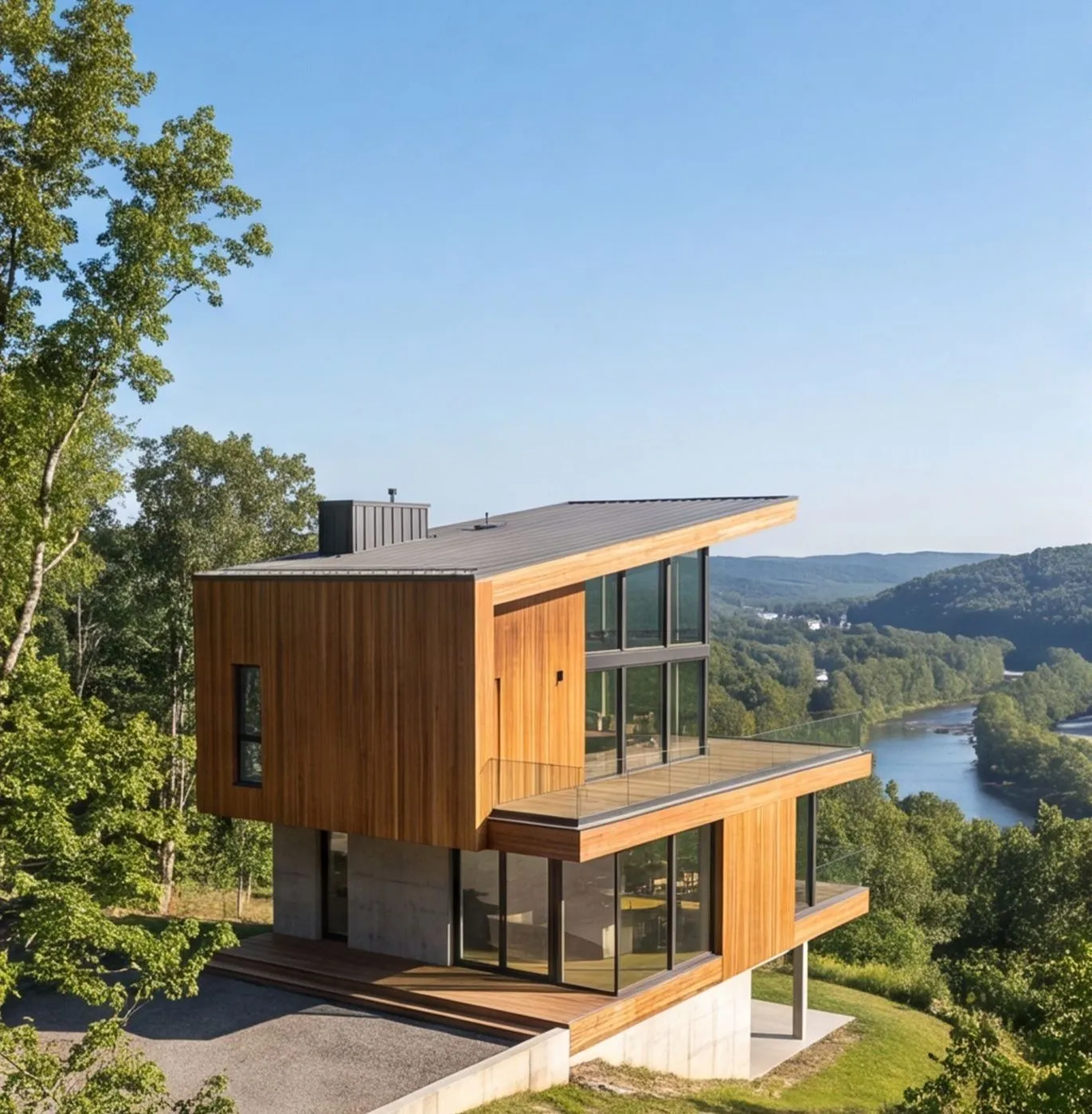 The same house in clear midday sun over a green valley