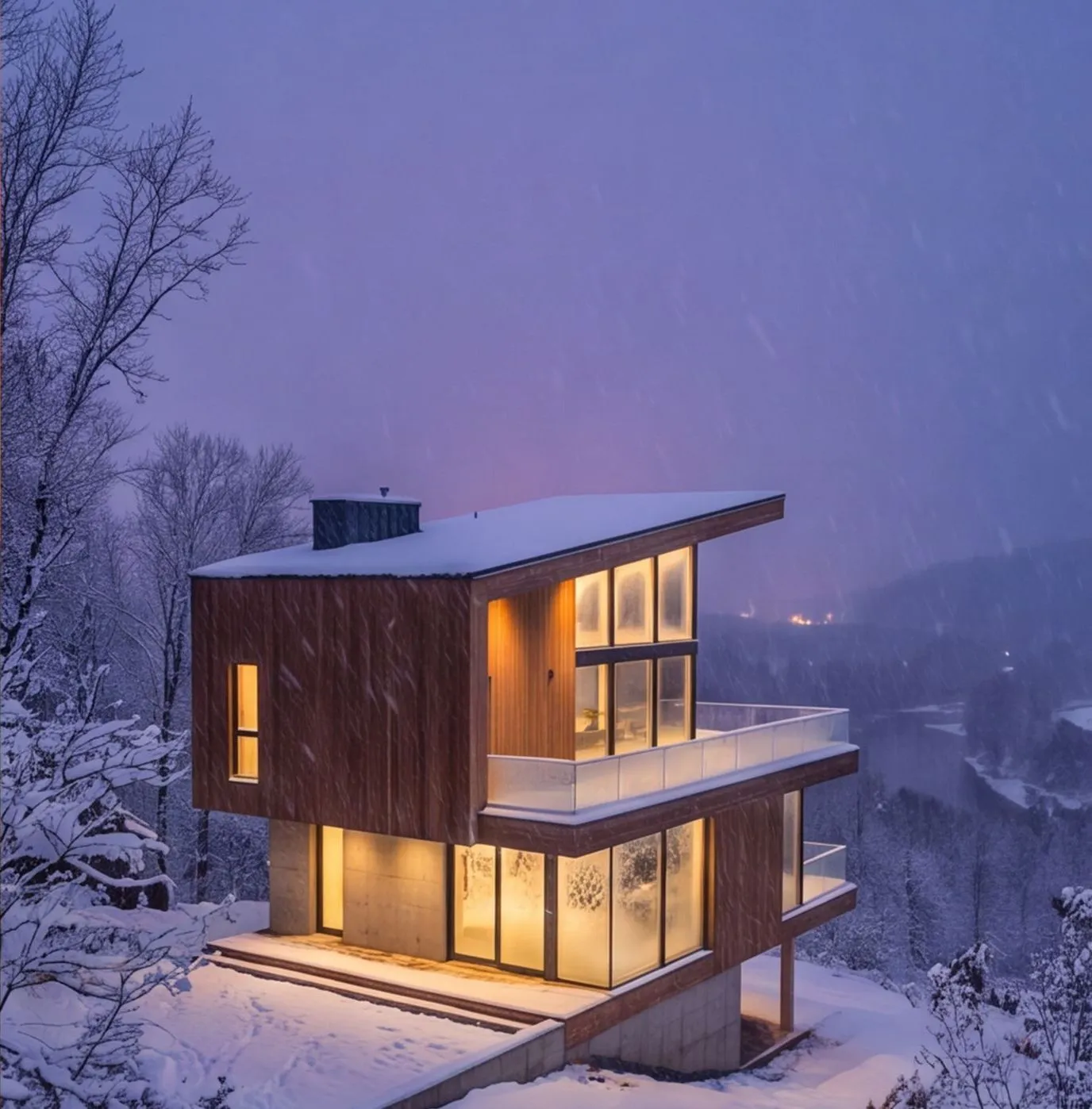 The same house glowing warm in falling snow at dusk