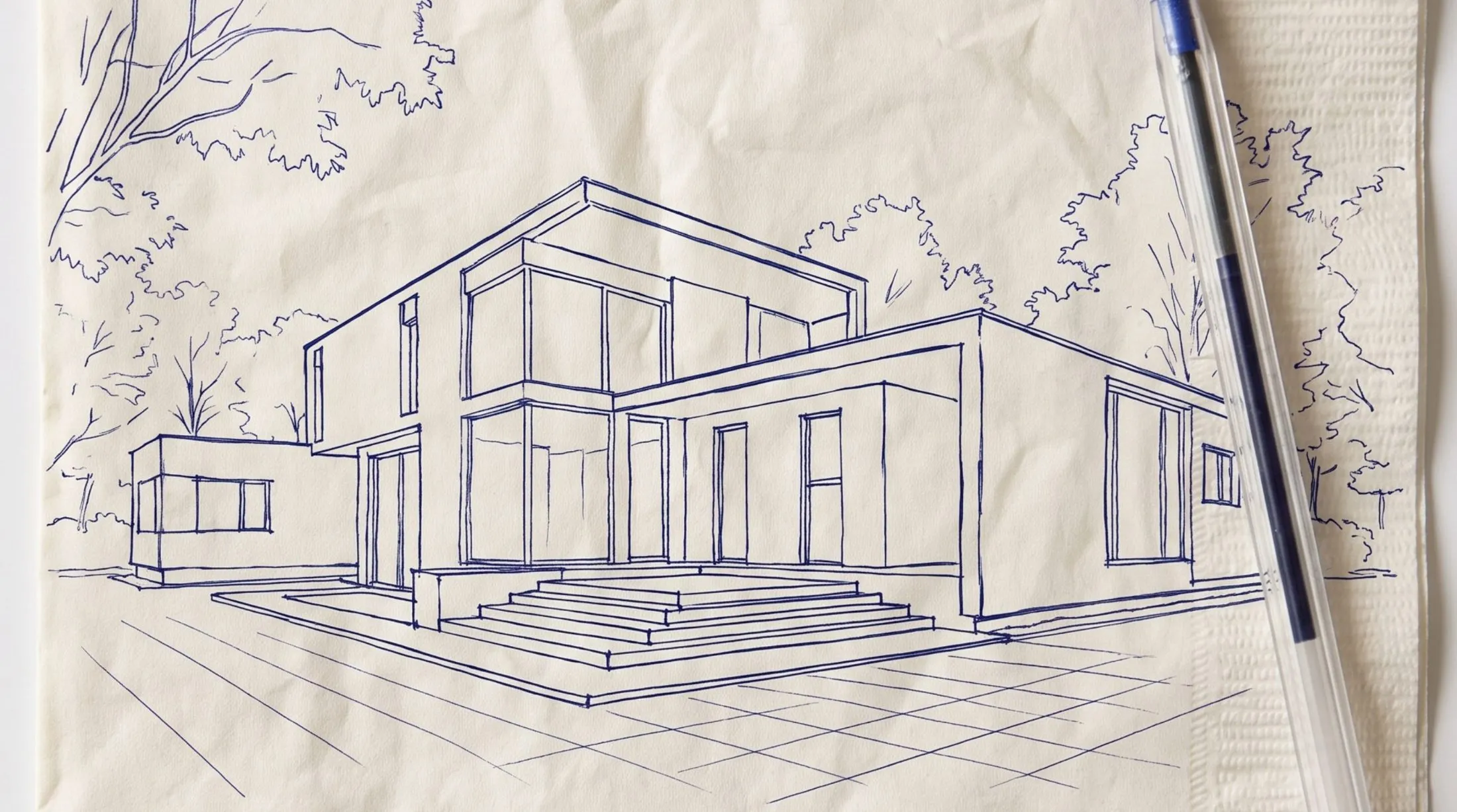 Ballpoint napkin sketch of the villa