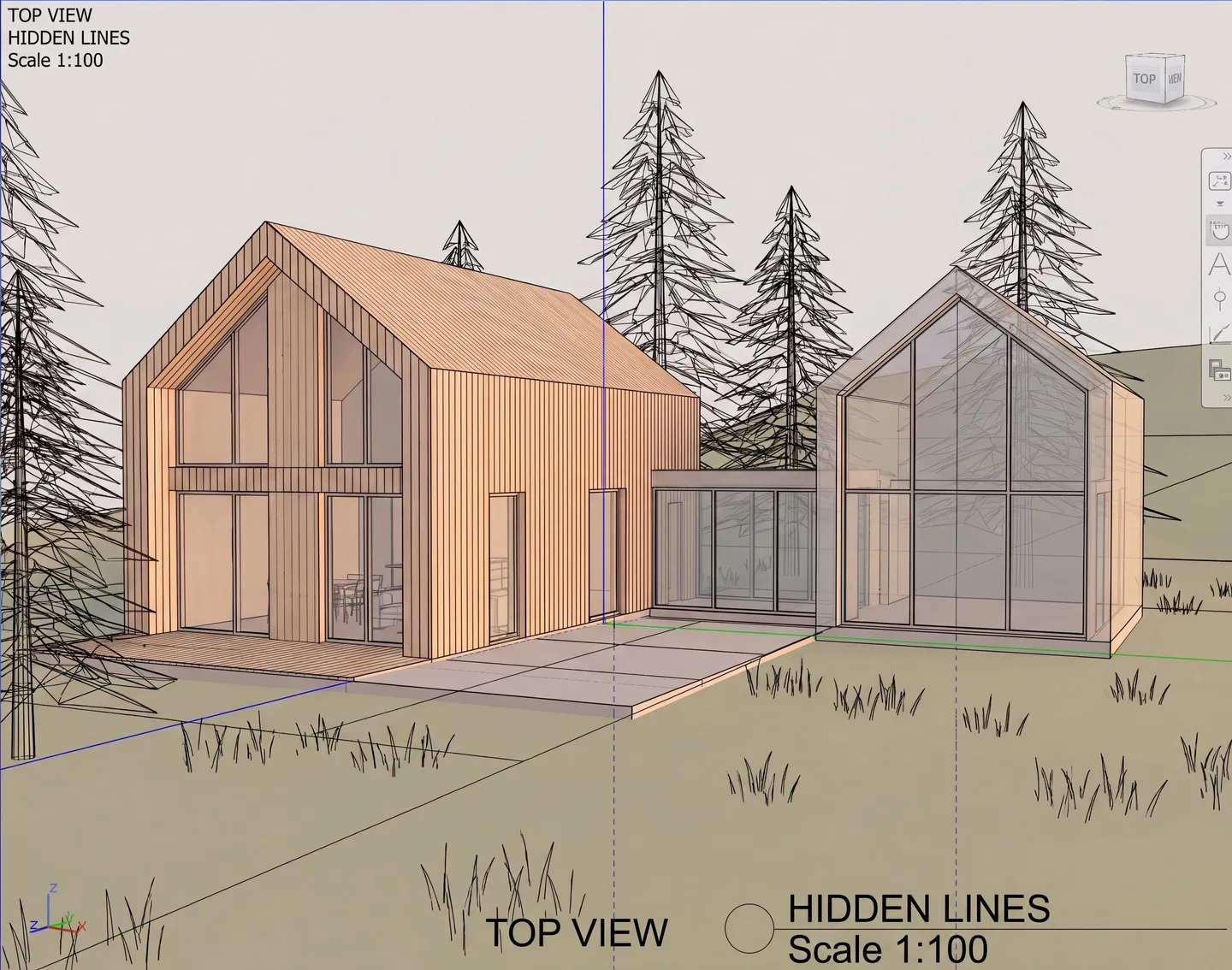 A 3D model of a shingle cabin set up in a design application
